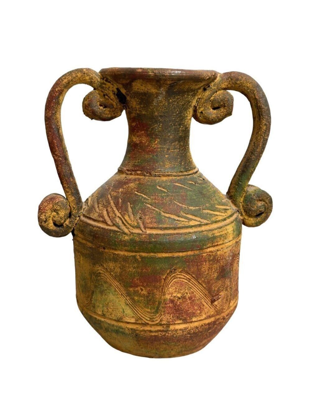 Vintage Rustic Handmade Mexican Clay 2 Handle Pottery Vase Artisan Earth Tones